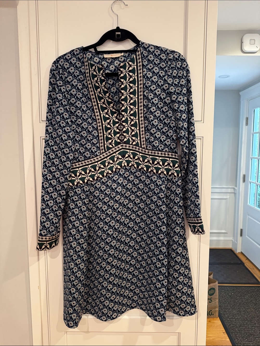 Tory Burch Navy Blue Printed Long Sleeve Dress with Green Trim